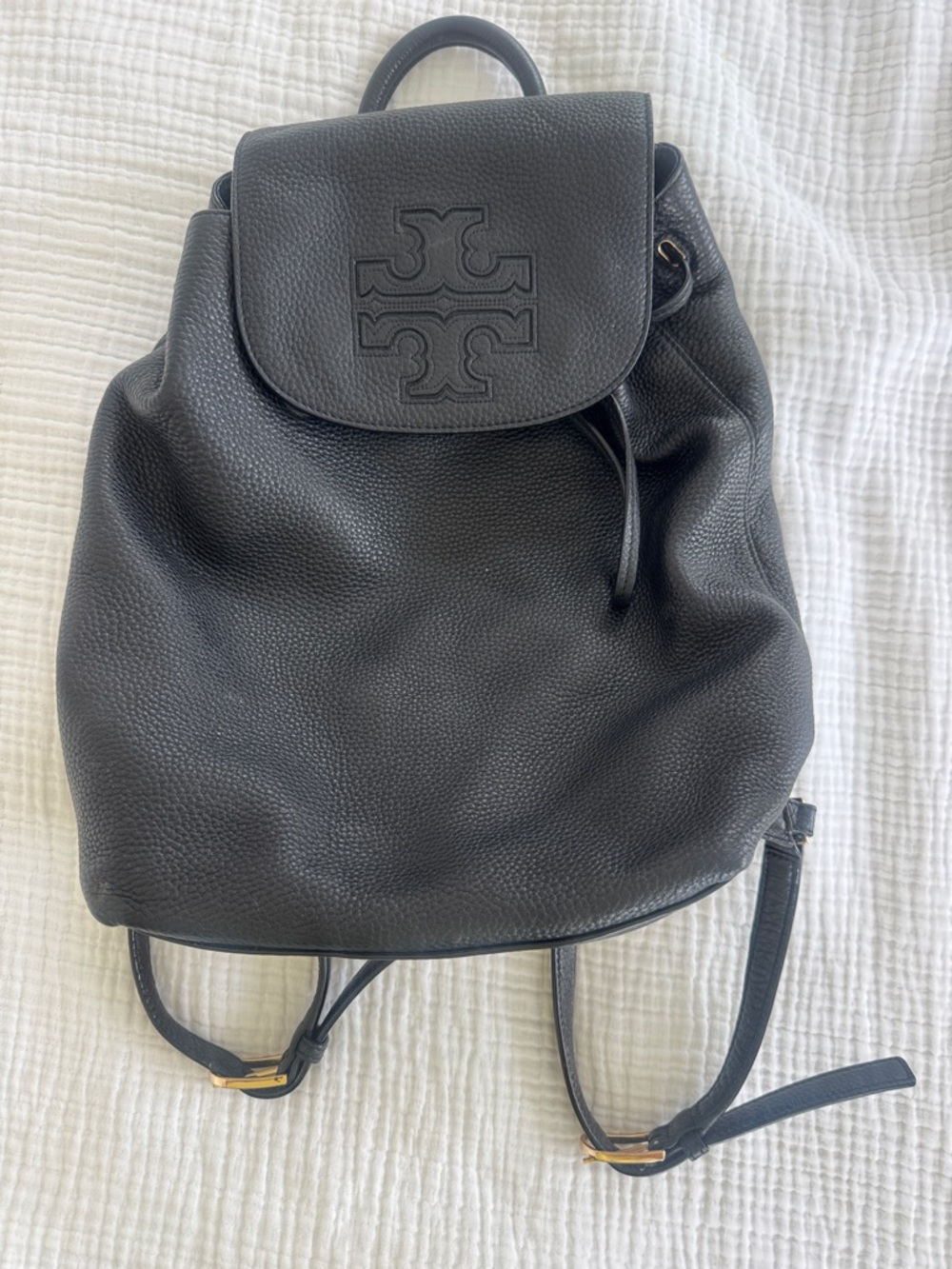 Tory Burch Black Pebbled Leather Logo Drawstring Backpack